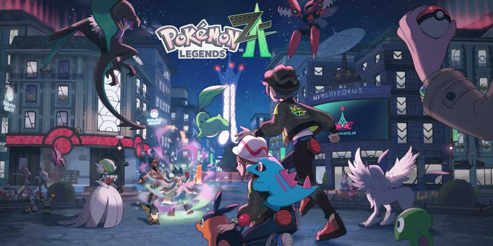 Pokemon Legends Z-A nighttime city artwork with game logo 2x1 composite