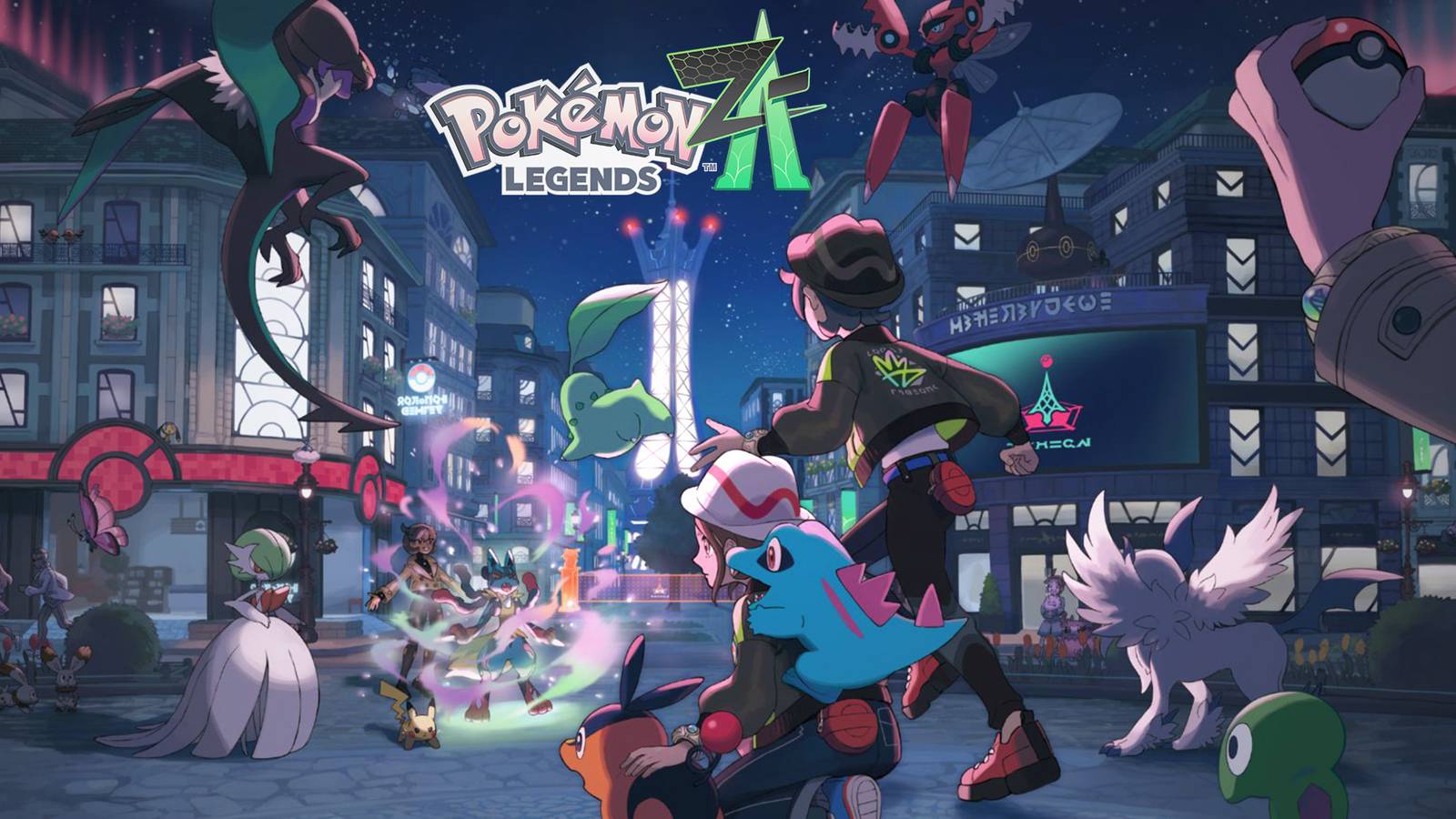 Pokemon Legends Z-A nighttime city artwork with game logo 2x1 composite