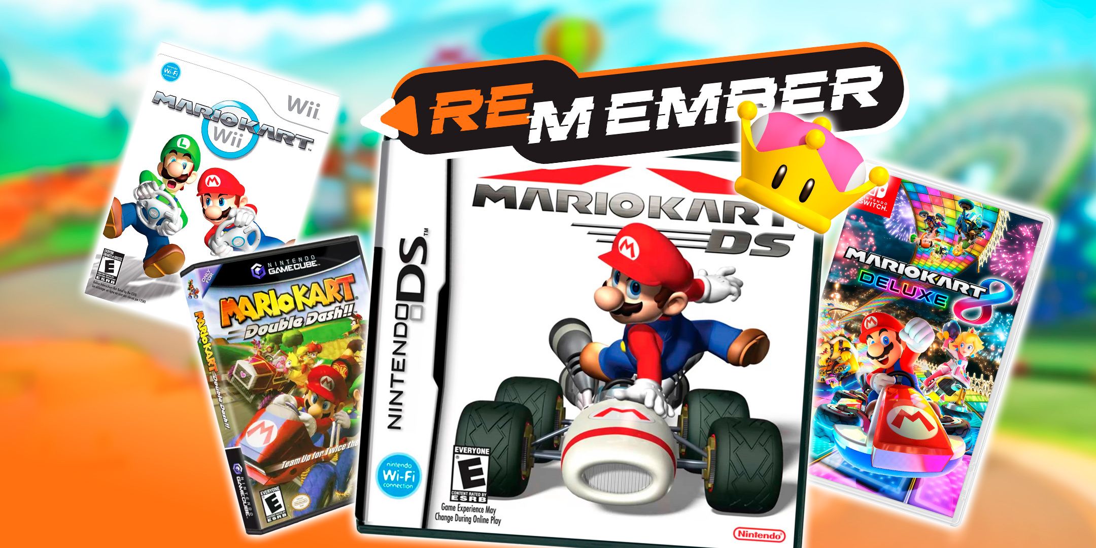 Mario Kart DS box art next to boxes for Double Dash, Wii, and 8 Deluxe with The Best War Games logo