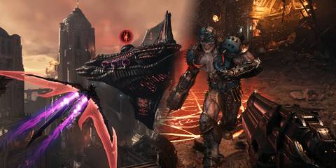 Slayer riding his dragon and fighting a zombie soldier in Doom - The Dark Ages