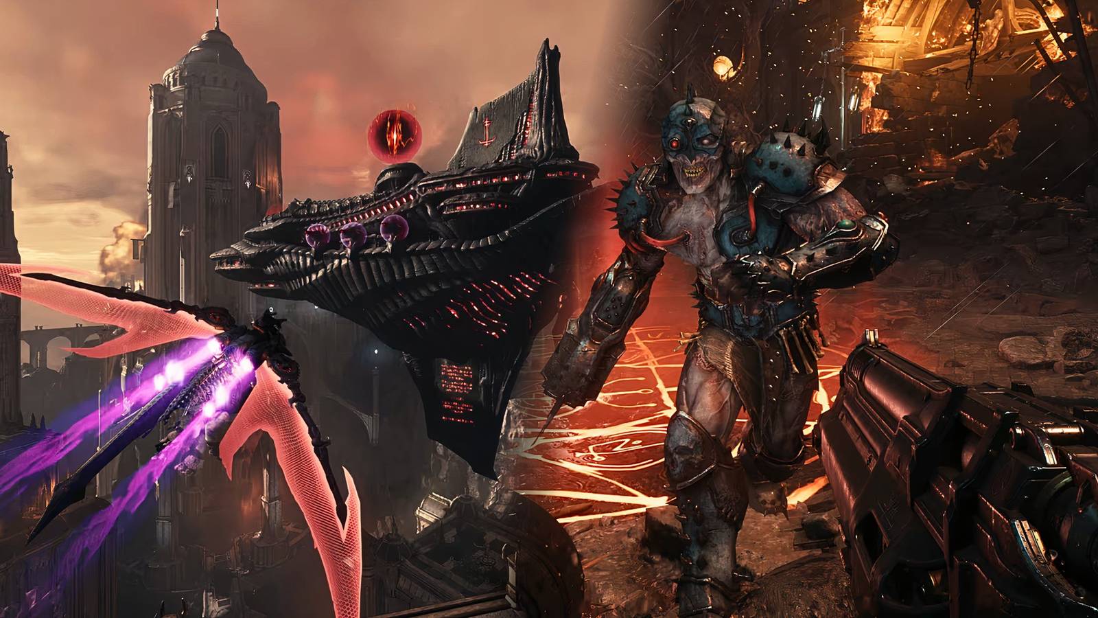 Slayer riding his dragon and fighting a zombie soldier in Doom - The Dark Ages