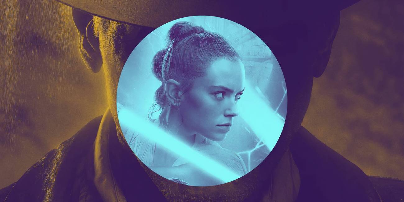 Rey from the cover of Star Wars The Rise of Skywalker over a yellowed background of Indiana Jones