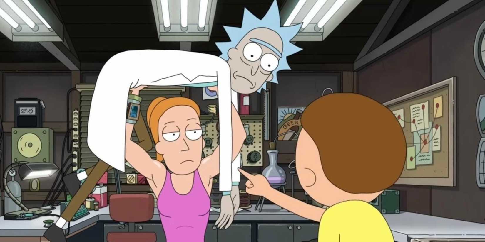 Summer holding up Rick and talking to Morty on Rick and Morty