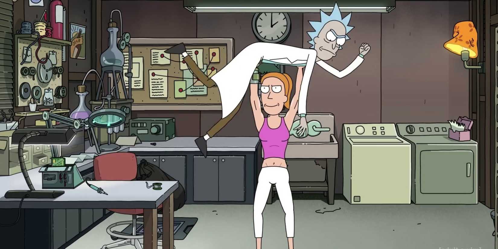Summer holding up Rick on Rick and Morty