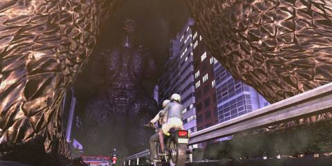 Riding a motorcycle through Godzilla in City Shrouded in Shadow