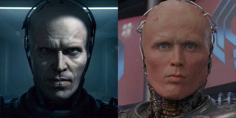 Split image of Peter Weller as Alex Murphy in RoboCop and RoboCop: Rogue City