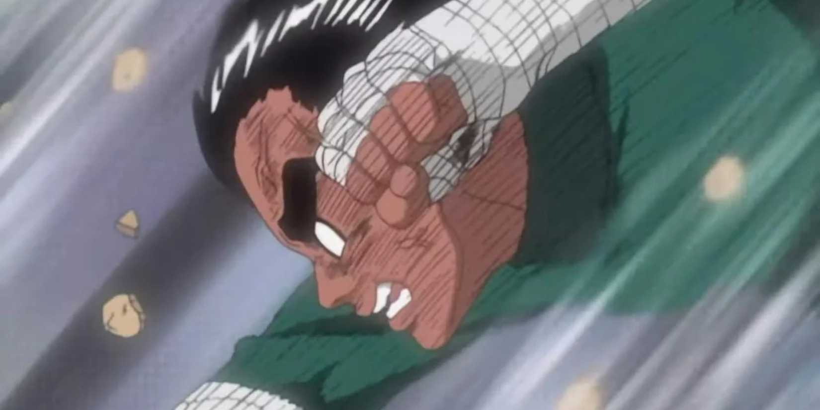 Rock Lee punches as he activates the Hidden Lotus.