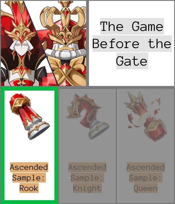 The Game Before the Gate trounce domain bosses on an infographic with their unique drops. The rook is highlighted in green while the other two are greyed out
