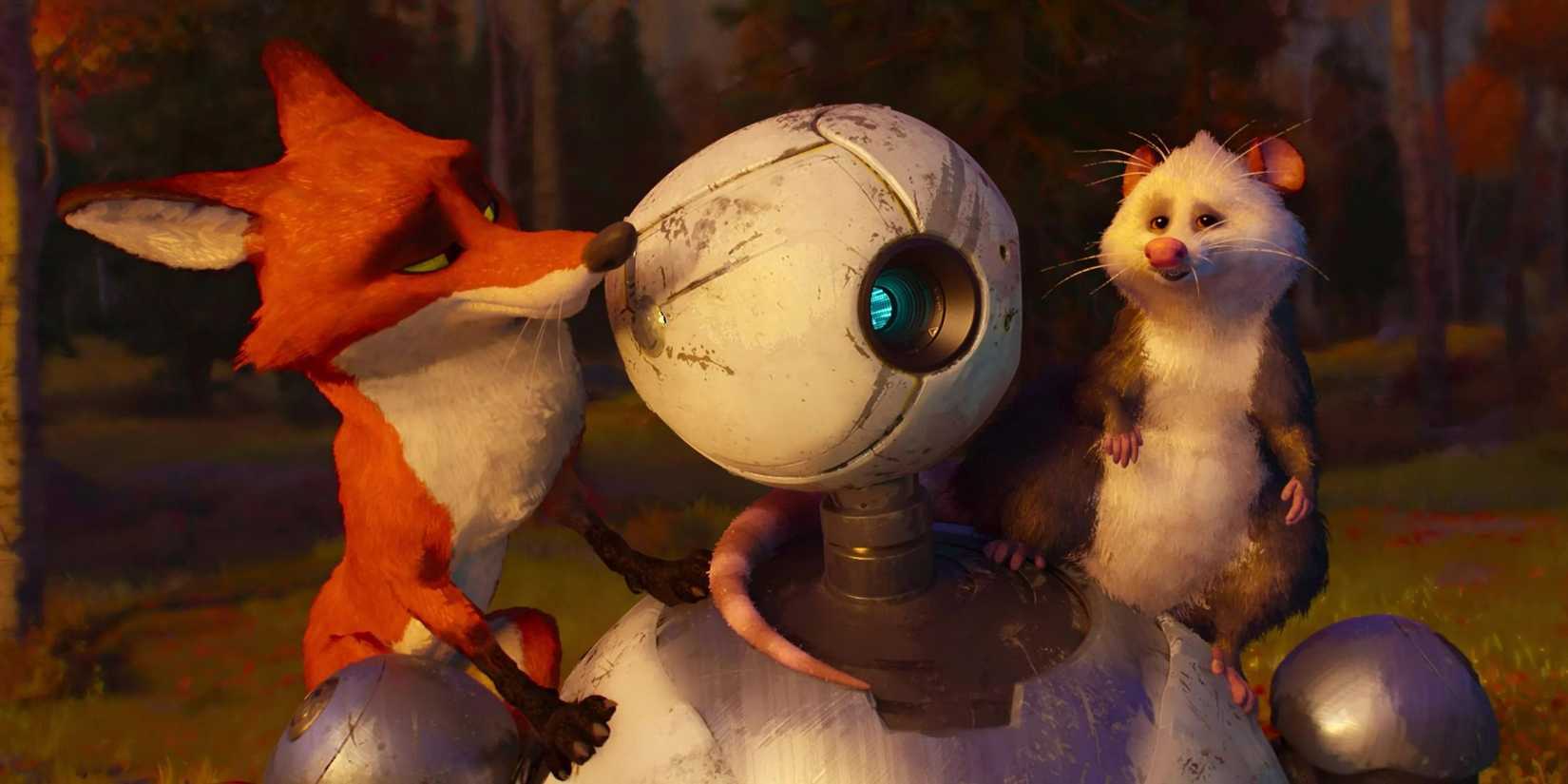 Roz talking to Fink and the possum - The Wild Robot