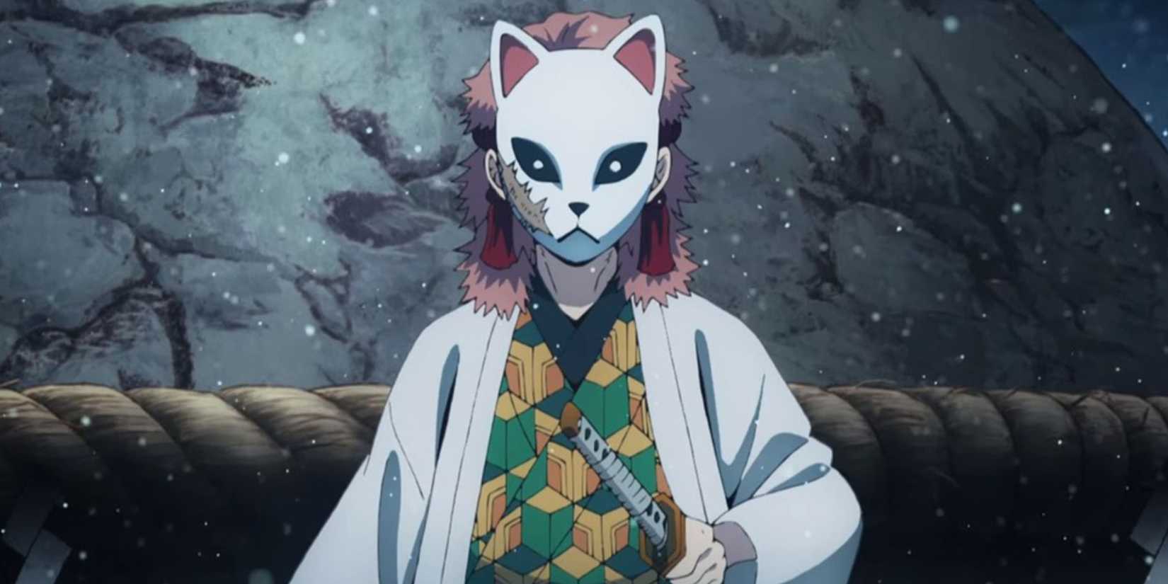 Sabito stands with his fox mask on.