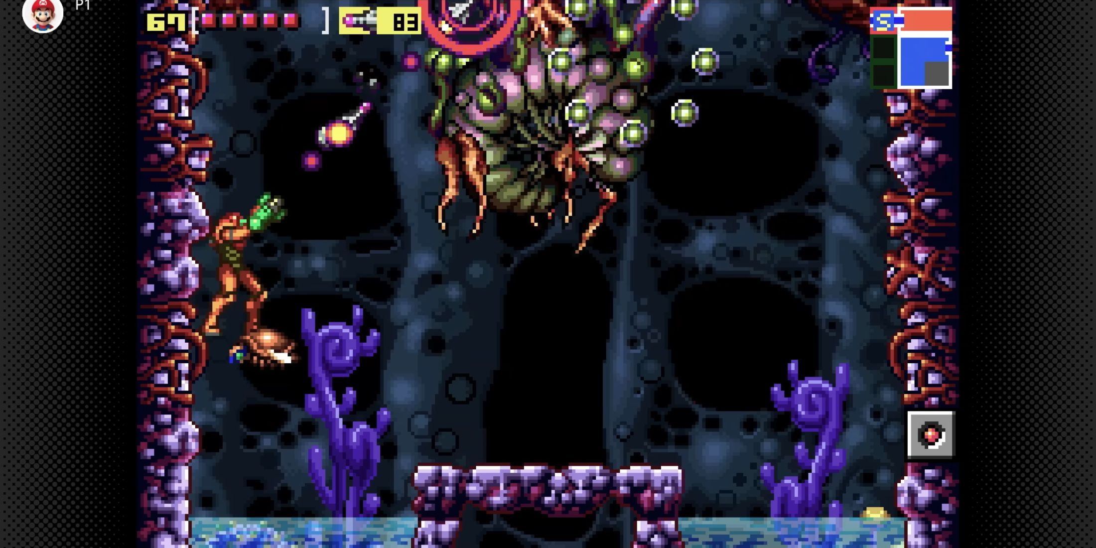 Samus shooting a giant enemy - Metroid Zero Mission