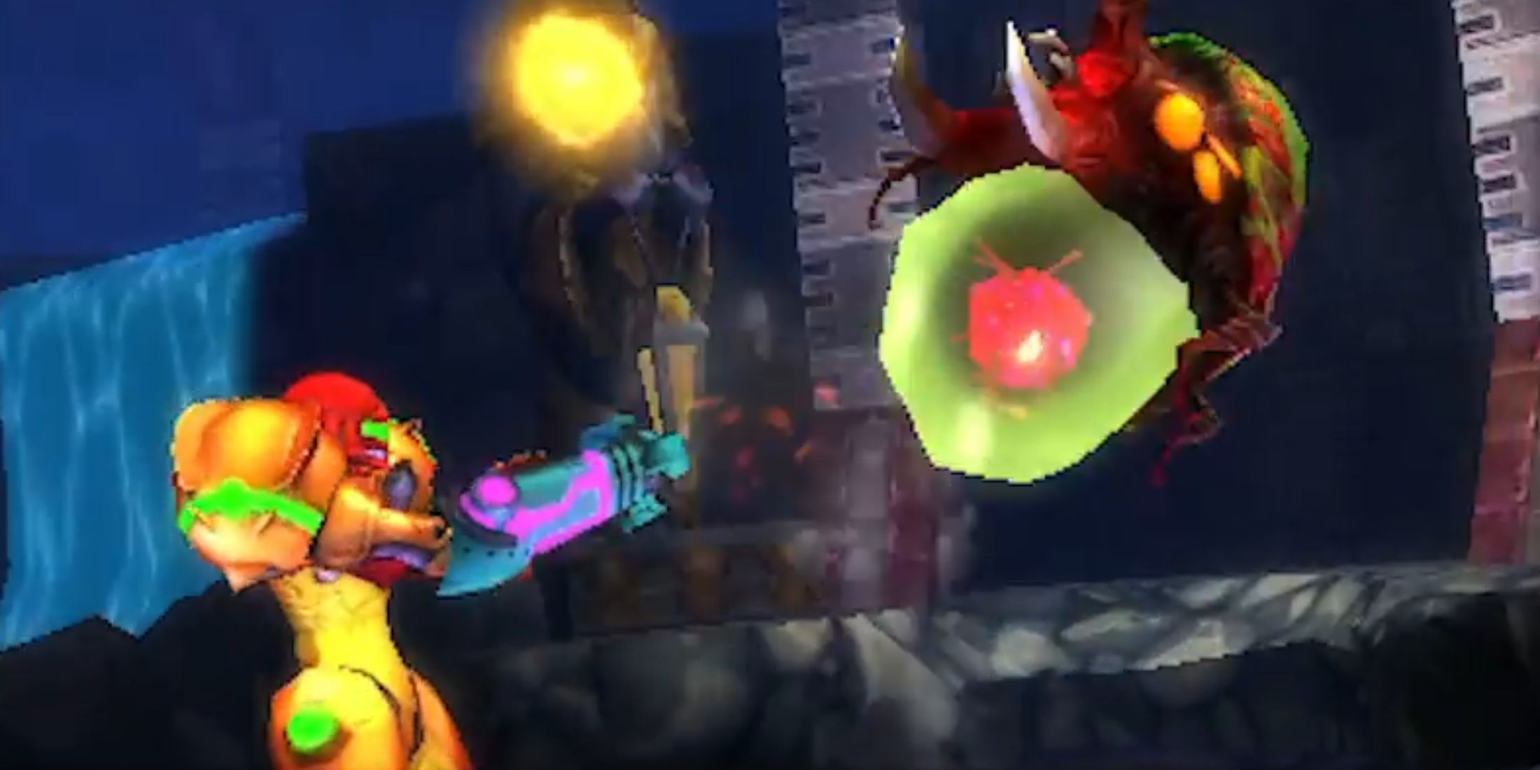 Samus shooting a Metroid - Metroid Samus Returns