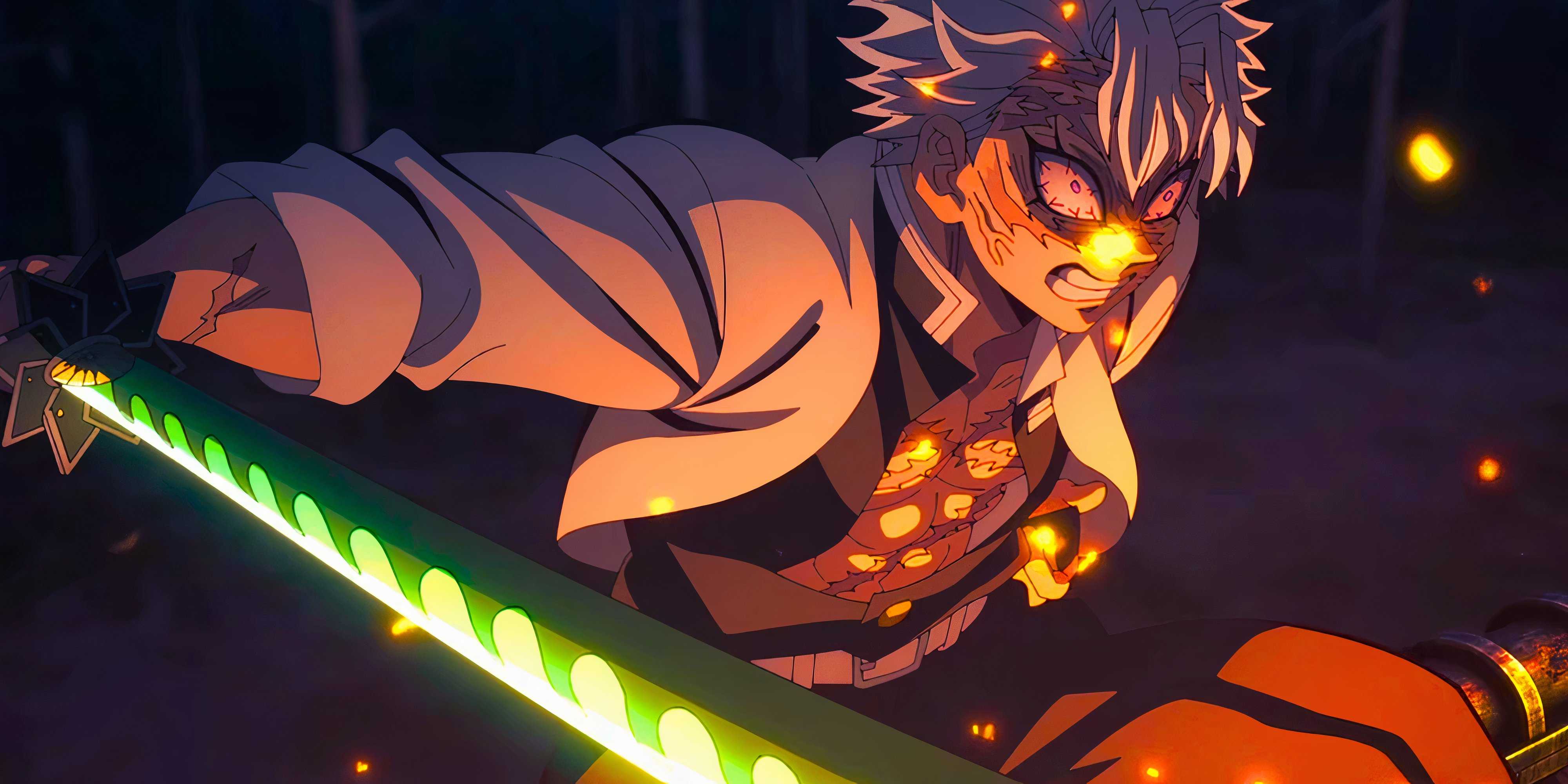 Sanemi Shinazugawa is attacking with a sword