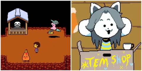 Split image of Sans' Hot Dog Stand and the Tem Shop in Temmie Village in Undertale.