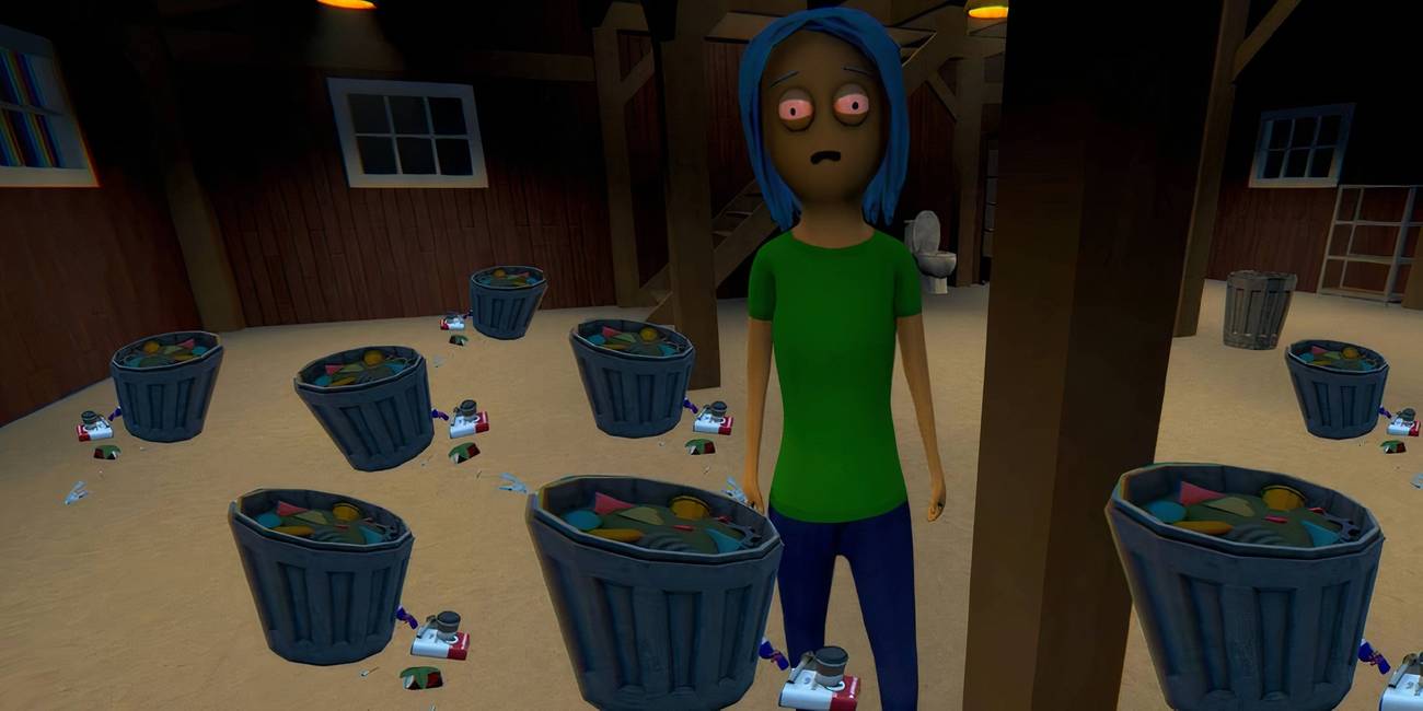 Schedule 1 Character with a bunch of trash cans around them