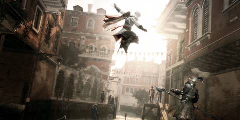 Ezio jumping from a rooftop in Assassin's Creed 2