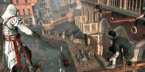 Ezio aiming out a target for his assassins in Assassin's Creed 2