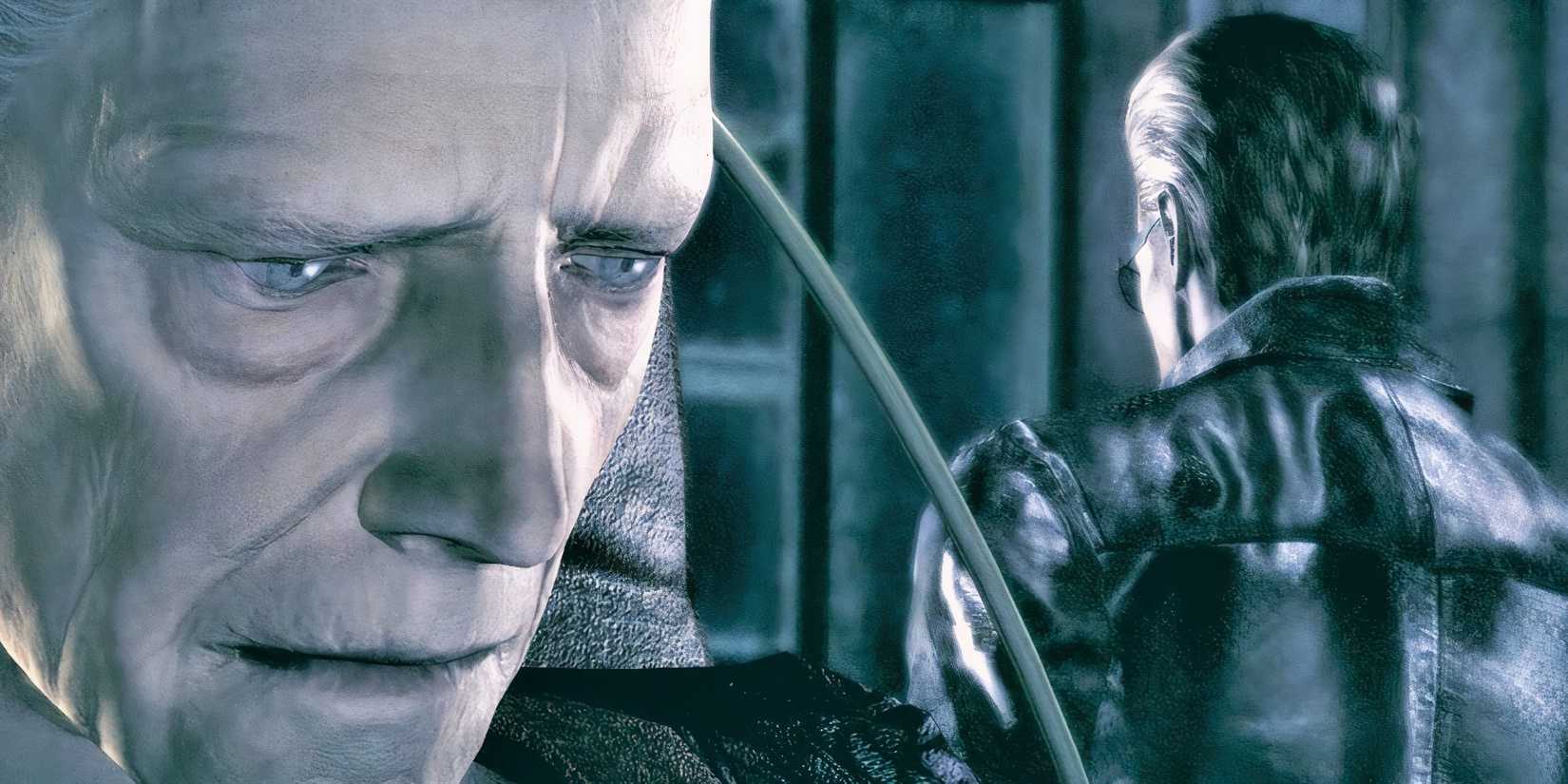 Wesker standing in the back with Spencer in front of him 