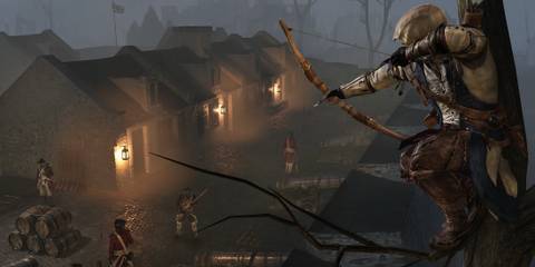 Connor perching in a tree with a bow and arrow