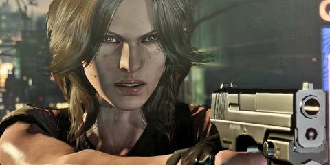 Helen holding up a handgun in Resident Evil 6