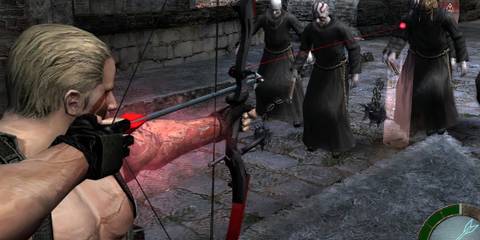 Krauser aiming a bow at multiple cultists Resident Evil 4