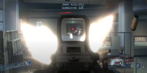Player shooting at an enemy behind some desks