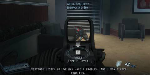 Player shooting an enemy behind cover