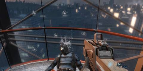 Player looking out at a skyline of the city