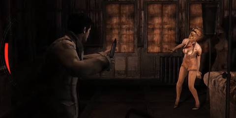 Travis aiming a knife at a nurse