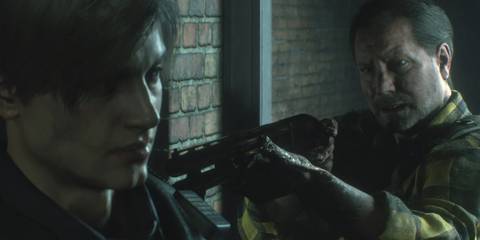 Kendo aiming a shotgun at Leon