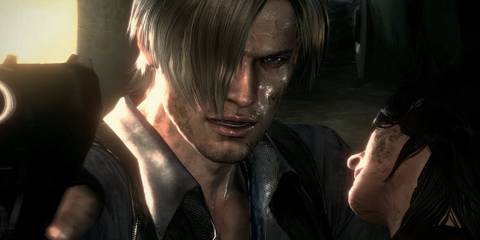 Leon aiming a gun with Helena in his arms in Resident Evil 6