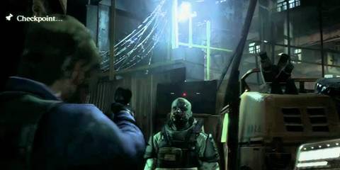 Leon aiming at a zombie's head in Resident Evil 6