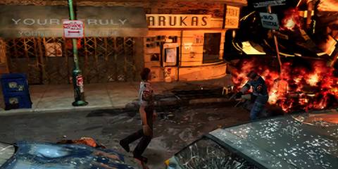 Leon shooting a zombie in Raccoon City in Resident Evil 2