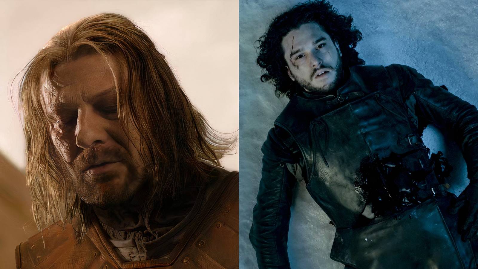 Sean Bean as Ned Stark and Kit Harington as Jon Snow dying in Game of Thrones