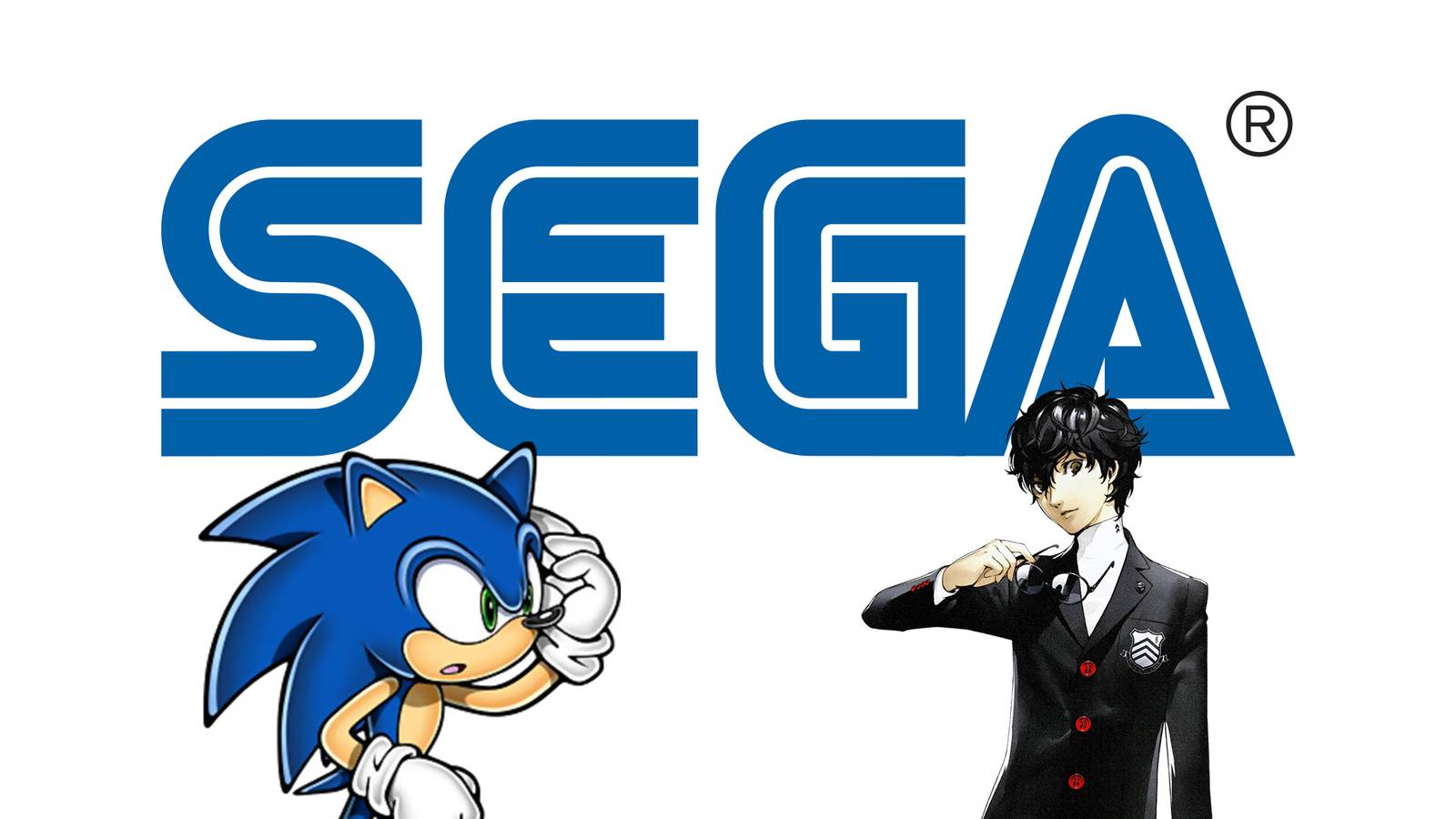 Sega logo above Sonic the Hedgehog and Ren from Persona 5 Royal on white background 2x1 composite