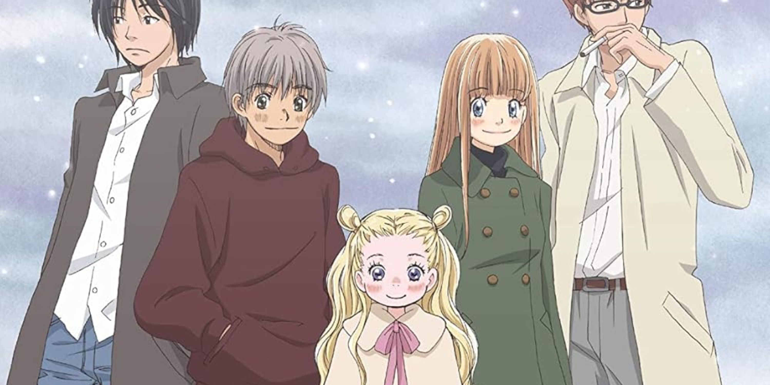 Shinobu, Yuuta, Ayumi, Takumi a Hagumi z medu a jetele 