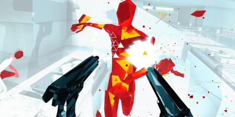 Shooting at a red enemy in Superhot VR