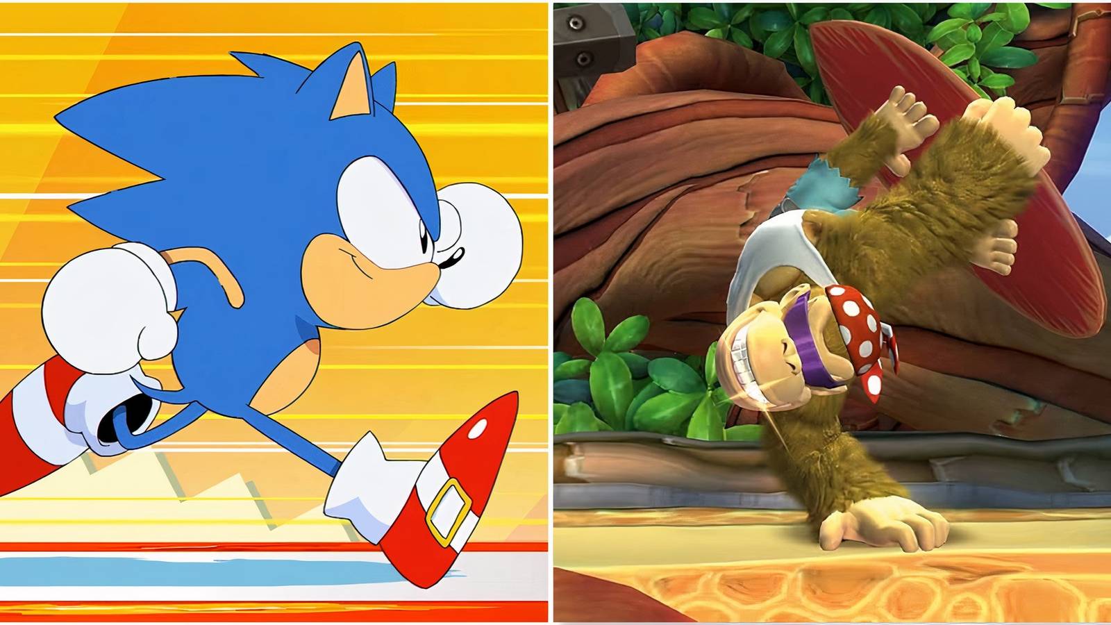 Sonic in Sonic Mania and Funky Kong in Donkey Kong Country Tropical Freeze