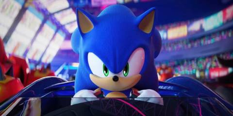 Sonic Racing CrossWorlds cutscene screenshot smiling Sonic in kart racer