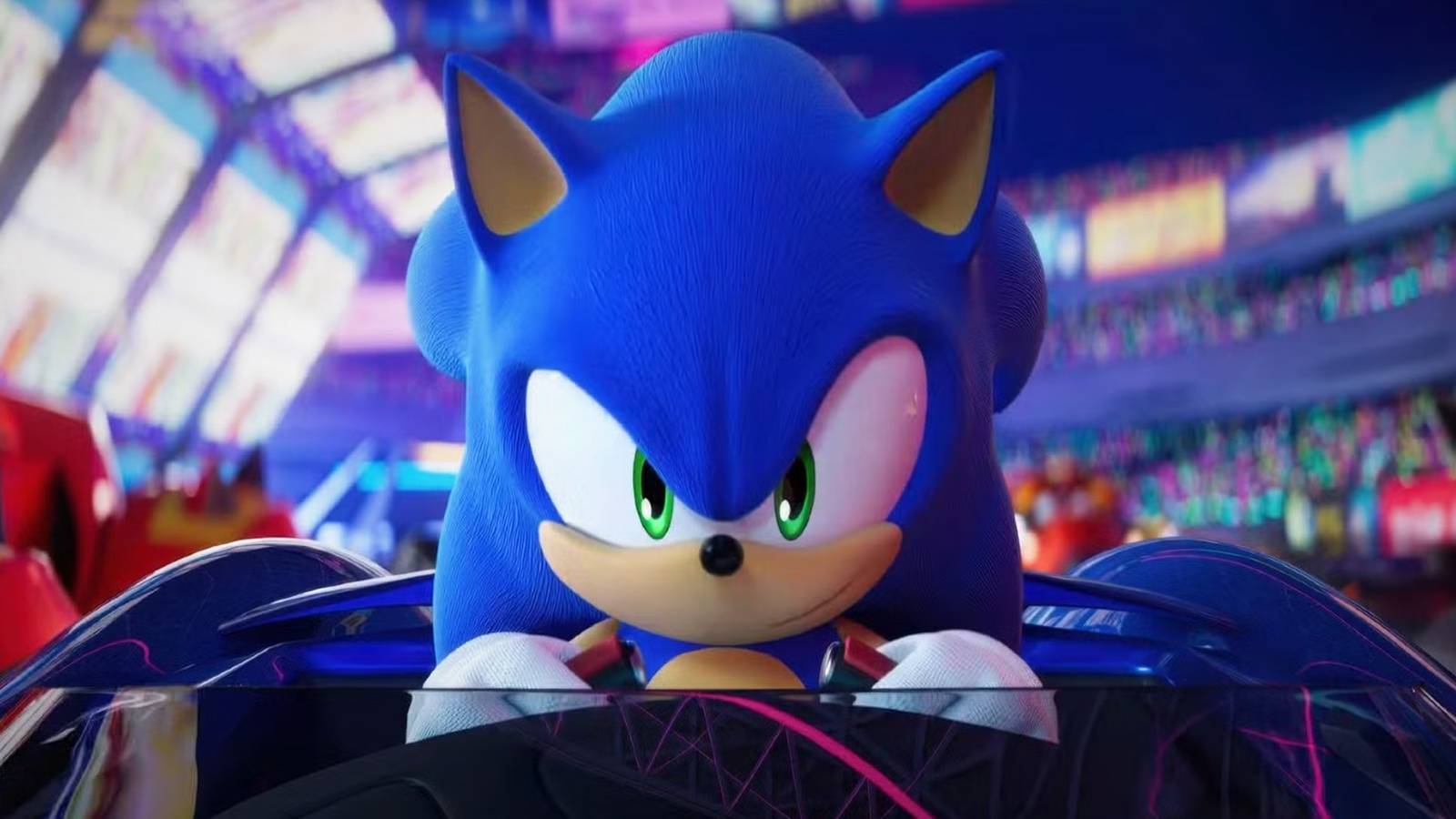 Sonic Racing CrossWorlds cutscene screenshot smiling Sonic in kart racer
