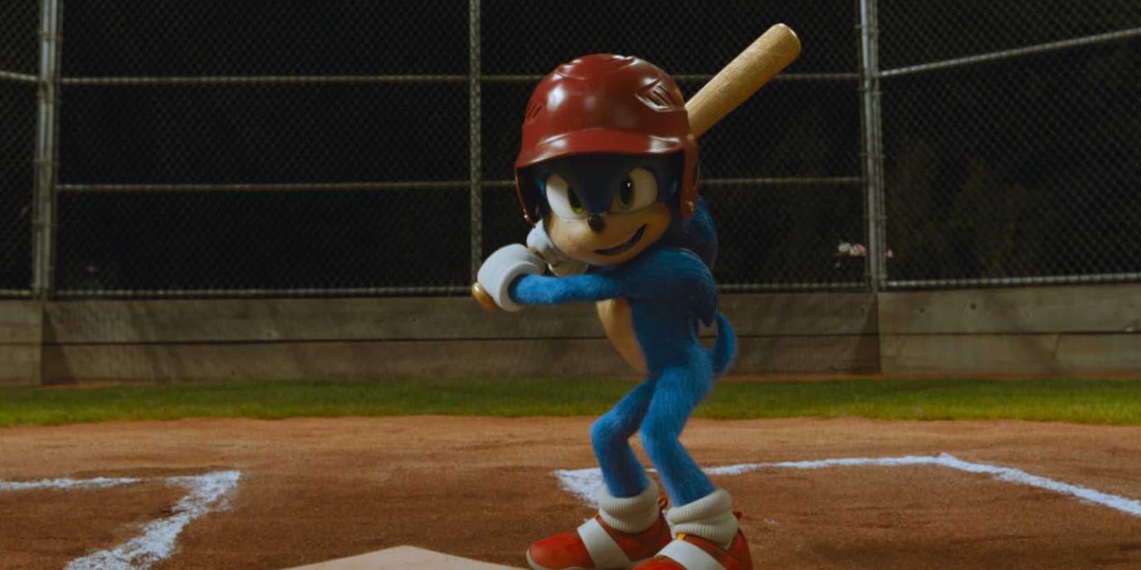 Sonic the Hedgehog wearing a helmet and preparing to bat in baseball