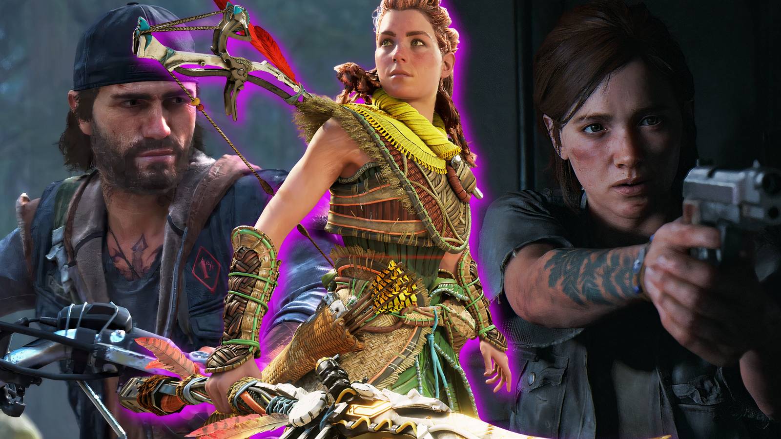 Split image of Days Gone, Horizon Forbidden West, and The Last Of Us Part 2