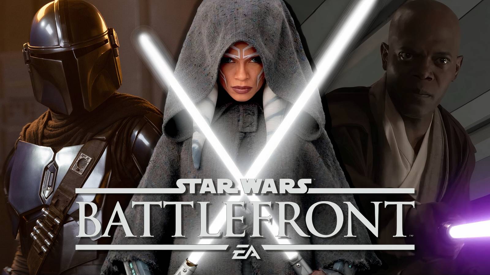 Split image of Din Djarin, Ahsoka Tano, and Mace Windu from the Star Wars universe