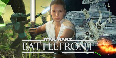 Split image of gameplay from various Star Wars Battlefront games