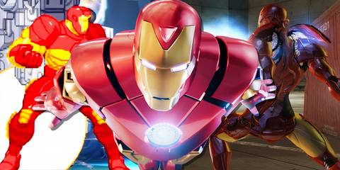 Split image of Iron Man in Marvel Vs. Capcom 2, Iron Man VR, and Marvel Ultimate Alliance 2