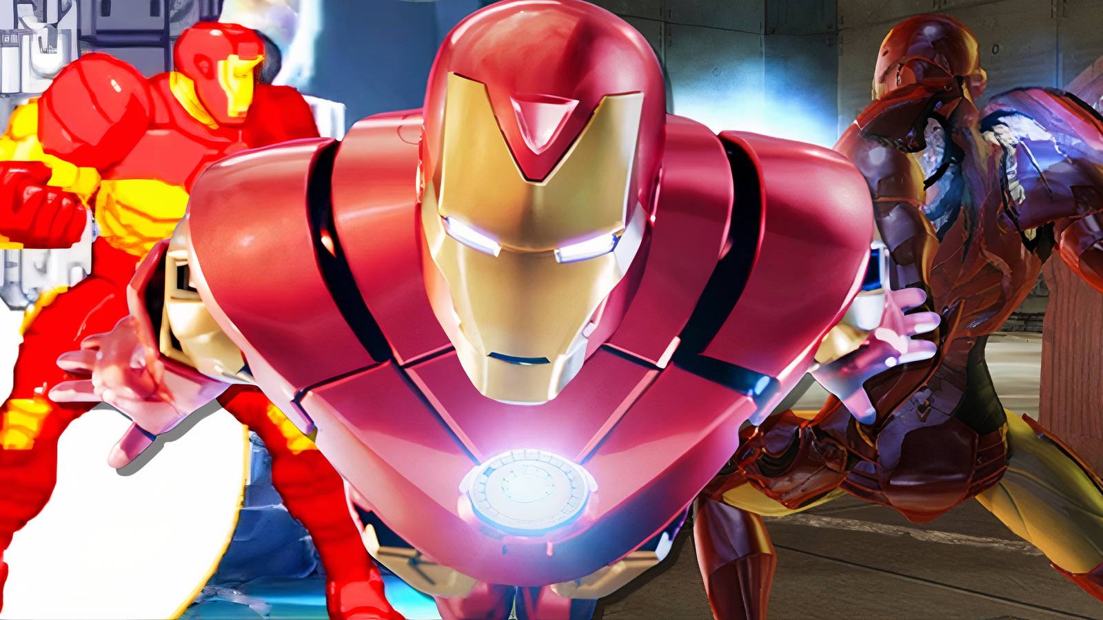 Split image of Iron Man in Marvel Vs. Capcom 2, Iron Man VR, and Marvel Ultimate Alliance 2