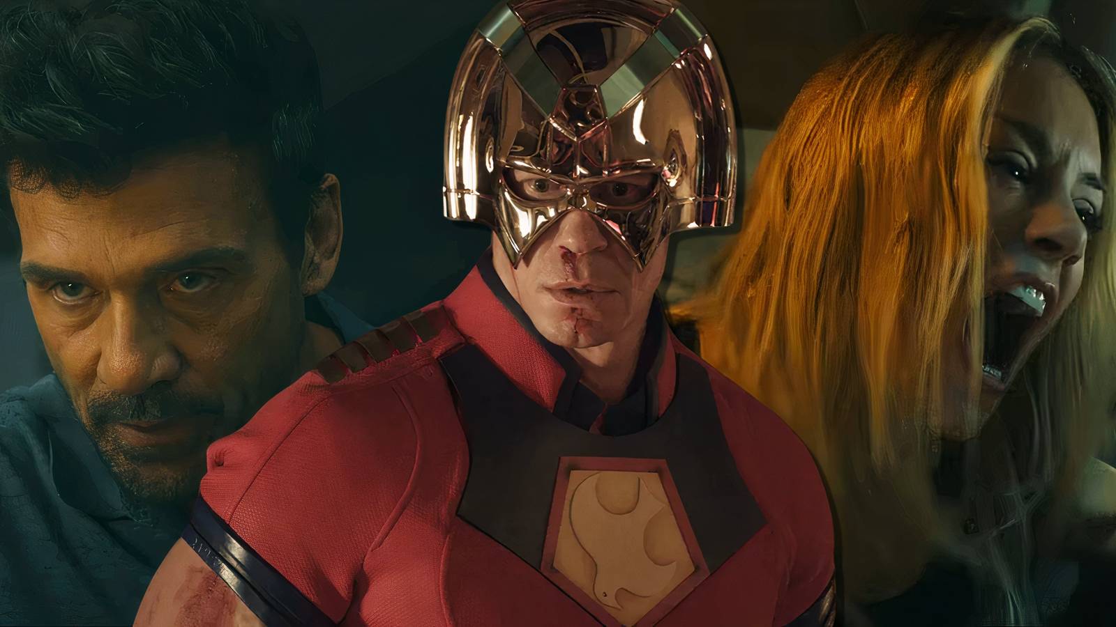 Split image of Peacemaker, Rick Flag Sr., and Emelia Harcourt in Peacemaker