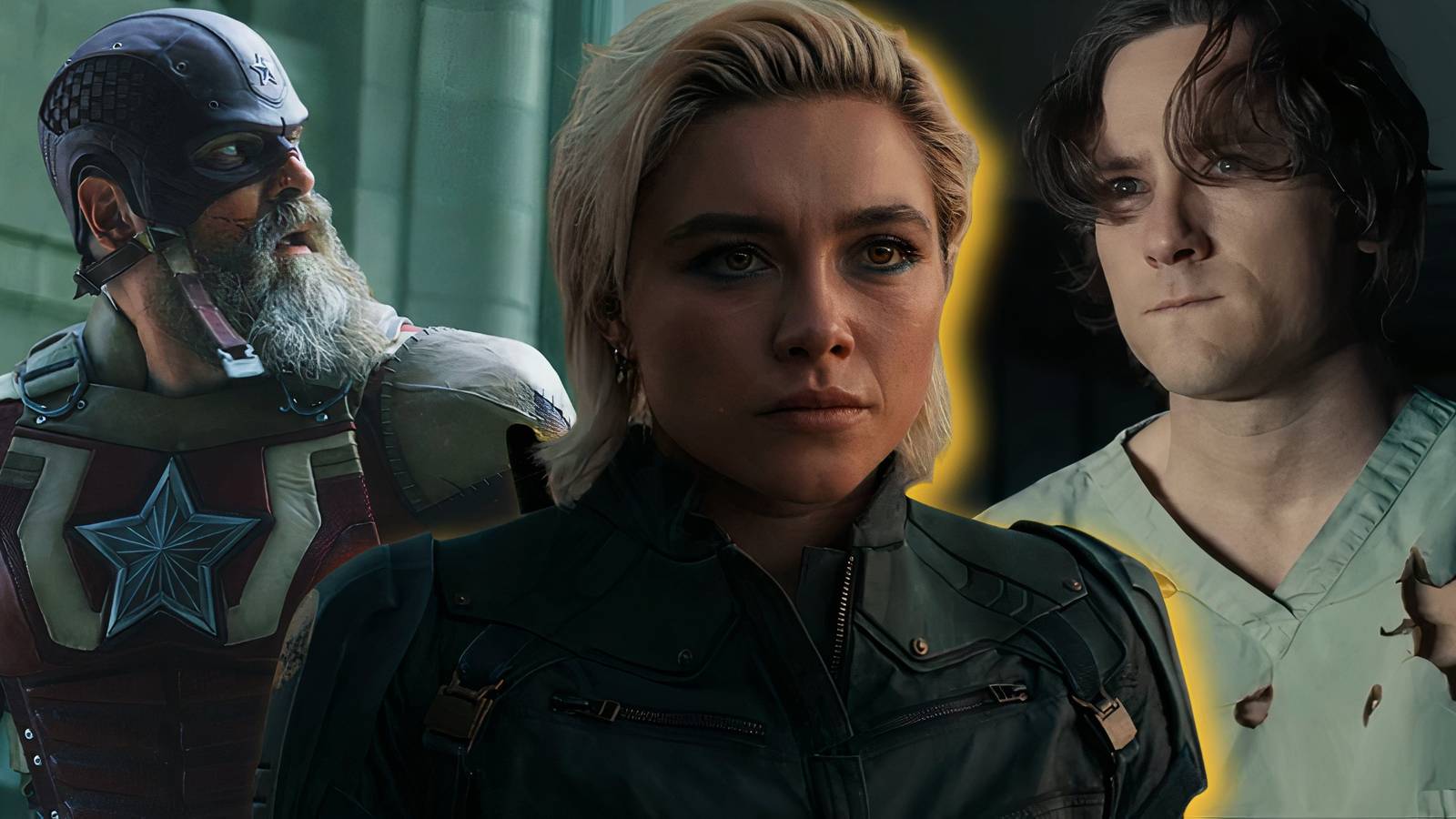 Split image of Red Guardian, Yelena Belova, and Bob Reynolds in Thunderbolts