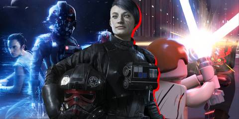 Split image of Star Wars Battlefront 2, Star Wars Squadrons, and LEGO Star Wars The Skywalker Saga