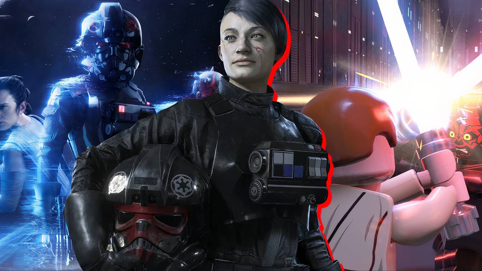 Split image of Star Wars Battlefront 2, Star Wars Squadrons, and LEGO Star Wars The Skywalker Saga